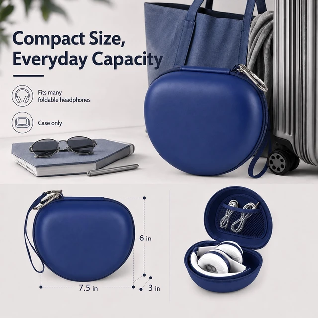 Alt view image 3 of 7 - Hard Headphone Case for Beats Solo 4 3 2 & Studio Pro Extra-Large Protective Shell for Foldable On-Ear Headsets, Storage for Students, Commuters, Home and Travel - Dark Blue