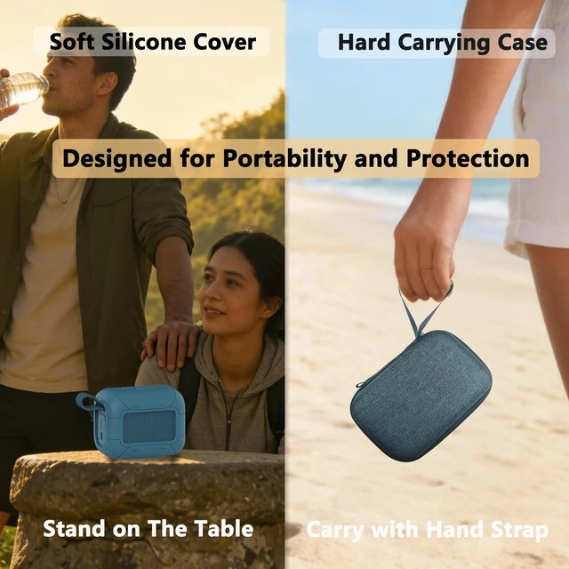 Alt view image 6 of 7 - Protective Case for JBL Go 5 Portable Bluetooth Speaker Accessories Hard Carrying Case and Silicone Cover with Metal Carabiner (Blue Case)