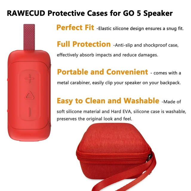 Alt view image 4 of 7 - Protective Case for JBL Go 5 Portable Bluetooth Speaker Accessories Hard Carrying Case and Silicone Cover with Metal Carabiner (Red Case)
