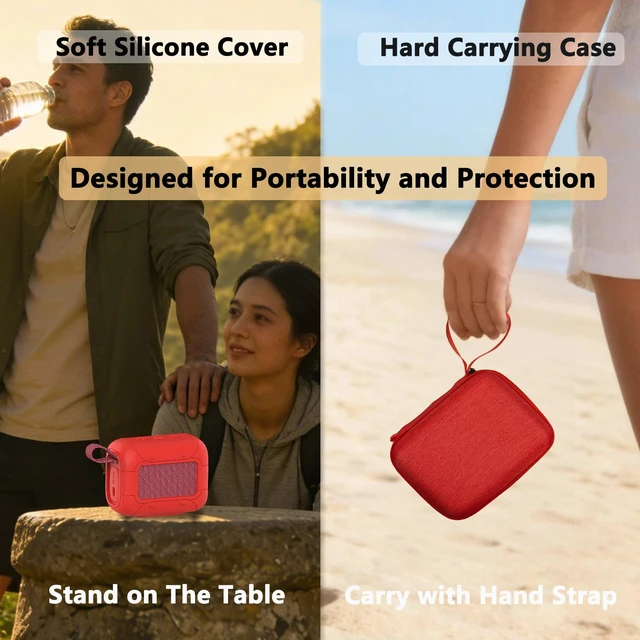 Alt view image 5 of 7 - Protective Case for JBL Go 5 Portable Bluetooth Speaker Accessories Hard Carrying Case and Silicone Cover with Metal Carabiner (Red Case)