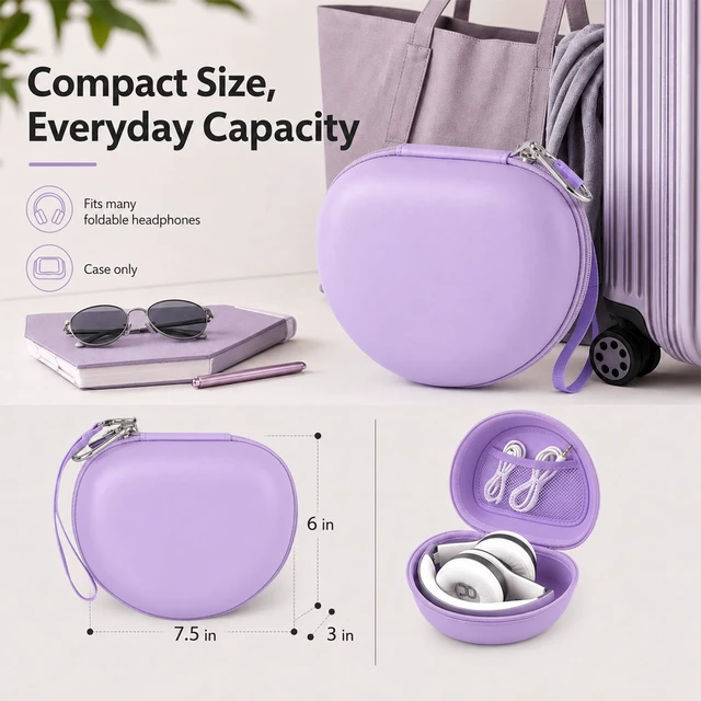 Alt view image 3 of 7 - Hard Headphone Case for Beats Solo 4 3 2 & Studio Pro Extra-Large Protective Shell for Foldable On-Ear Headsets, Storage for Students, Commuters, Home and Travel - Light Purple