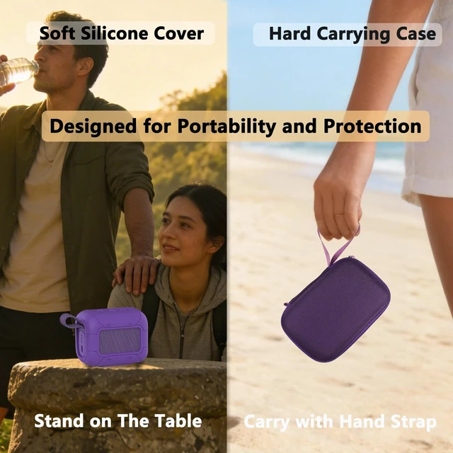 Alt view image 5 of 7 - Protective Case for JBL Go 5 Portable Bluetooth Speaker Accessories Hard Carrying Case and Silicone Cover with Metal Carabiner (Purple Case)