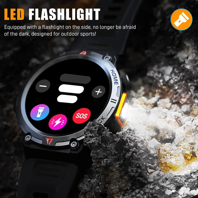 Alt view image 4 of 7 - Military Smart Watches for Men Built-in GPS LED Flashlight Smartwatch Rugged Tactical Smart Watch 3ATM Waterproof Compass Calls 530mAh Battery Fitness Tracker with HR/Sleep Monitor iOS Android