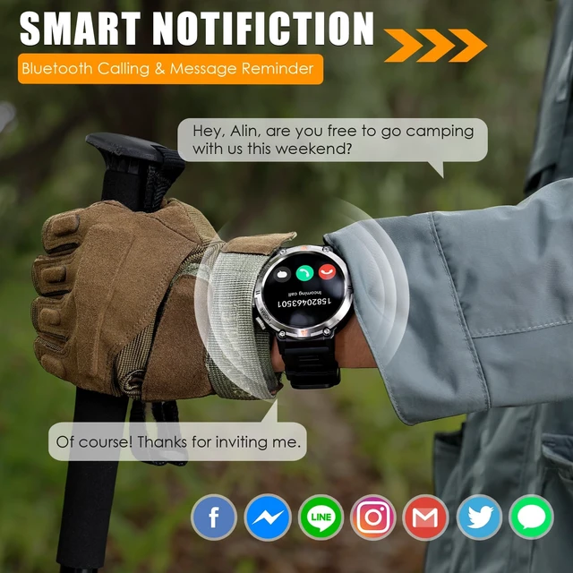 Alt view image 5 of 7 - Military Smart Watches for Men Built-in GPS LED Flashlight Smartwatch Rugged Tactical Smart Watch 3ATM Waterproof Compass Calls 530mAh Battery Fitness Tracker with HR/Sleep Monitor iOS Android