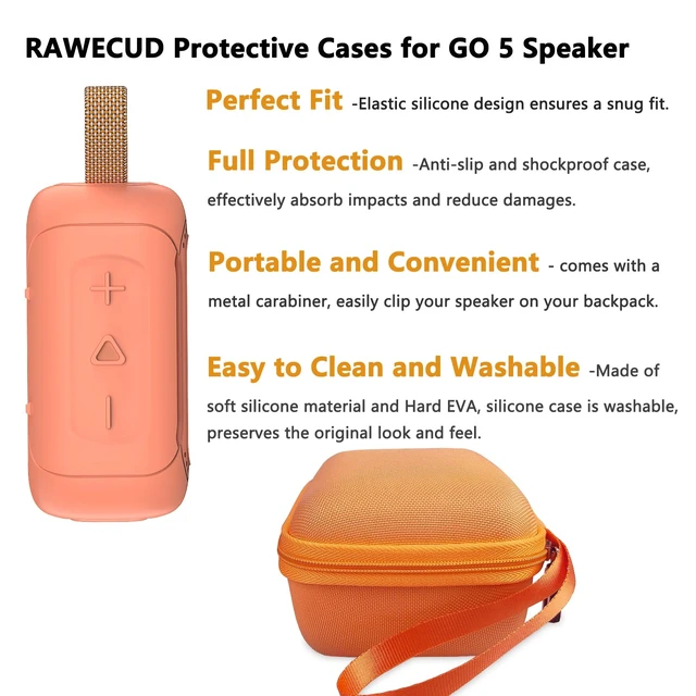 Alt view image 4 of 7 - Protective Case for JBL Go 5 Portable Bluetooth Speaker Accessories Hard Carrying Case and Silicone Cover with Metal Carabiner (Orange Case)