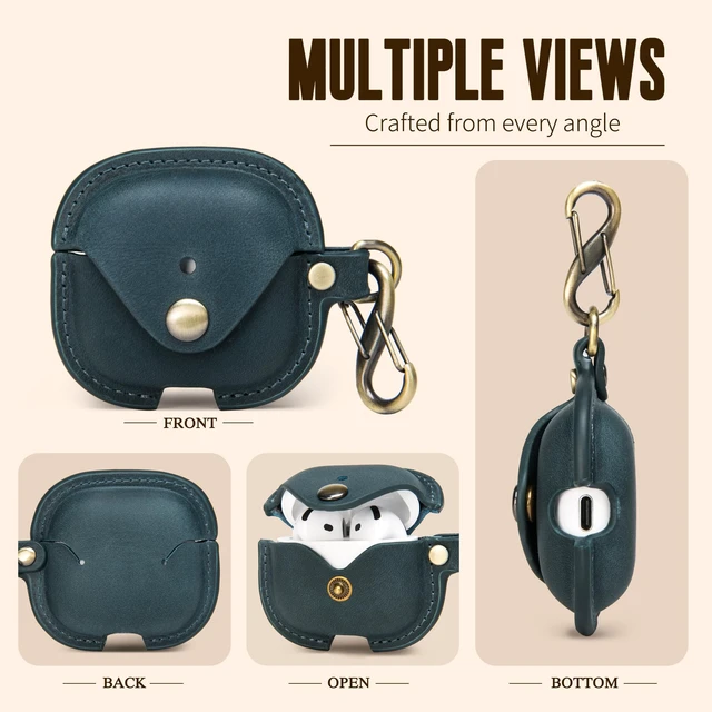 Alt view image 3 of 7 - Leather Case Cover for Apple Airpods 5(2026)/4(2024)&ANC (Blue) Vintage Crazy Horse Leather, Wireless Charging Compatible, Front LED Visibility, Includes Keychain
