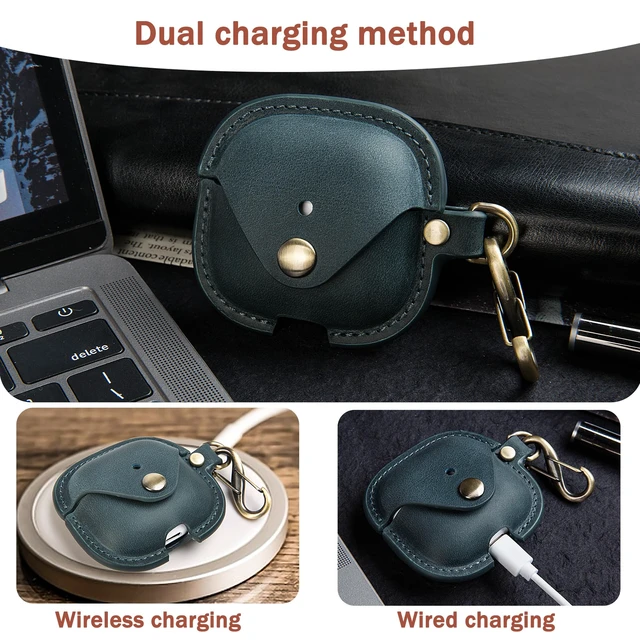 Alt view image 5 of 7 - Leather Case Cover for Apple Airpods 5(2026)/4(2024)&ANC (Blue) Vintage Crazy Horse Leather, Wireless Charging Compatible, Front LED Visibility, Includes Keychain