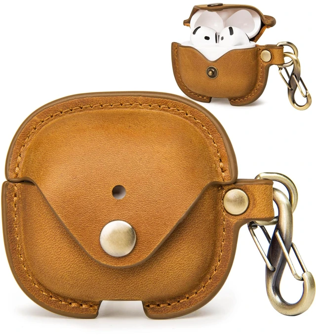 Main image of Leather Case Cover for Apple Airpods 5(2026)/4(2024)&ANC (Brown) Vintage Crazy Horse Leather, Wireless Charging Compatible, Front LED Visibility, Includes Keychain