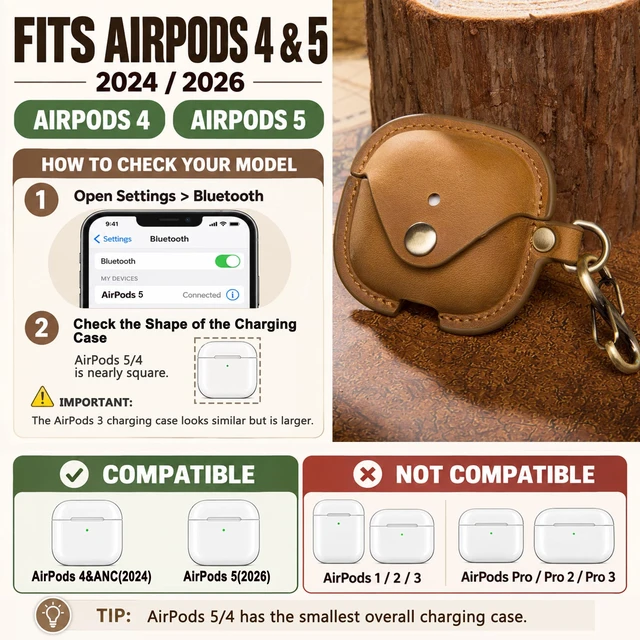 Alt view image 2 of 7 - Leather Case Cover for Apple Airpods 5(2026)/4(2024)&ANC (Brown) Vintage Crazy Horse Leather, Wireless Charging Compatible, Front LED Visibility, Includes Keychain