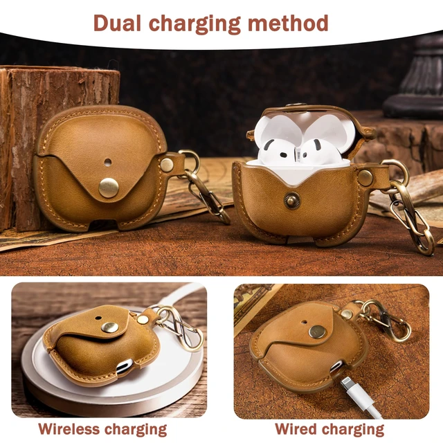 Alt view image 4 of 7 - Leather Case Cover for Apple Airpods 5(2026)/4(2024)&ANC (Brown) Vintage Crazy Horse Leather, Wireless Charging Compatible, Front LED Visibility, Includes Keychain