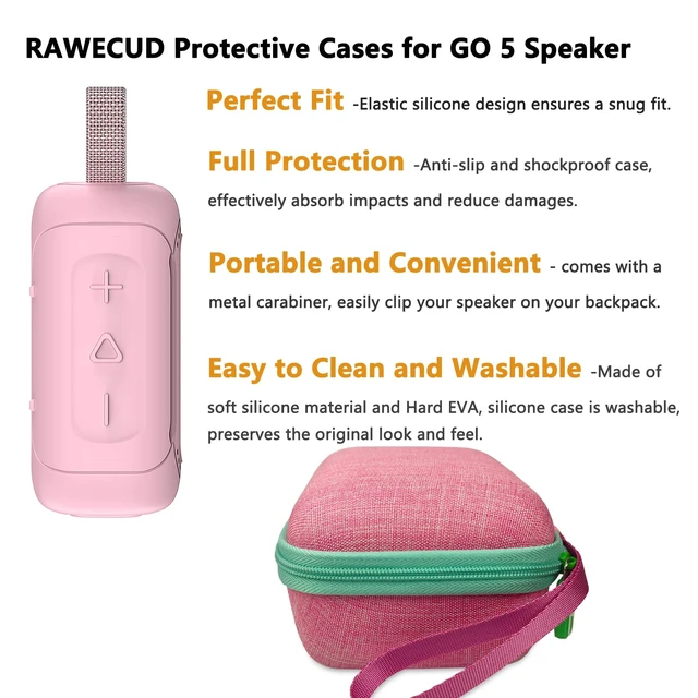 Alt view image 4 of 7 - Protective Case for JBL Go 5 Portable Bluetooth Speaker Accessories Hard Carrying Case and Silicone Cover with Metal Carabiner (Pink Case)