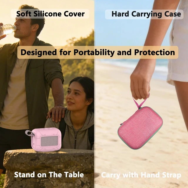 Alt view image 5 of 7 - Protective Case for JBL Go 5 Portable Bluetooth Speaker Accessories Hard Carrying Case and Silicone Cover with Metal Carabiner (Pink Case)