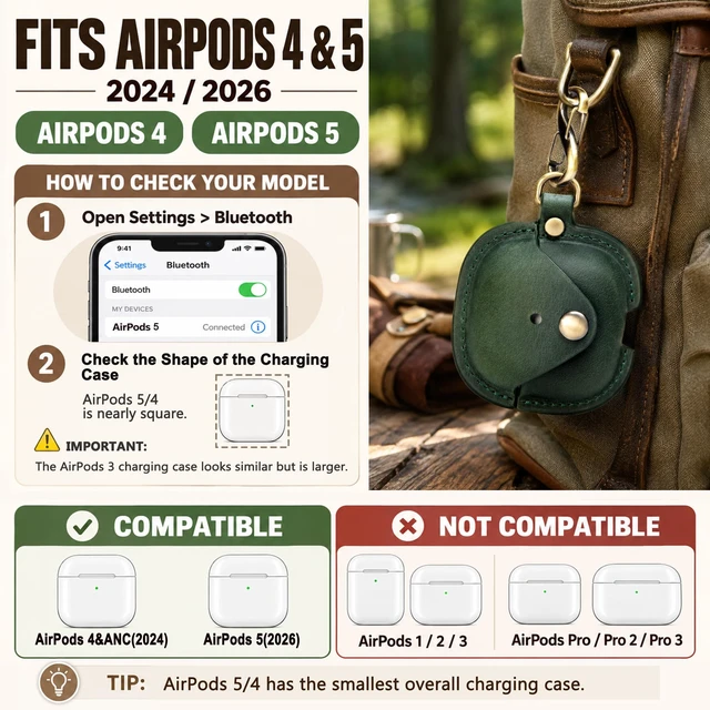 Alt view image 2 of 7 - Leather Case Cover for Apple Airpods 5(2026)/4(2024)&ANC (Green) Elegant Retro-Style Crazy Horse Leather, with Keychain, Supports Wireless Charging, Features Front LED Visibility