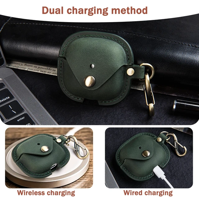 Alt view image 4 of 7 - Leather Case Cover for Apple Airpods 5(2026)/4(2024)&ANC (Green) Elegant Retro-Style Crazy Horse Leather, with Keychain, Supports Wireless Charging, Features Front LED Visibility