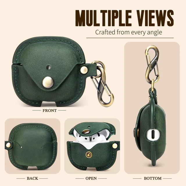 Alt view image 3 of 7 - Leather Case Cover for Apple Airpods 5(2026)/4(2024)&ANC (Green) Elegant Retro-Style Crazy Horse Leather, with Keychain, Supports Wireless Charging, Features Front LED Visibility