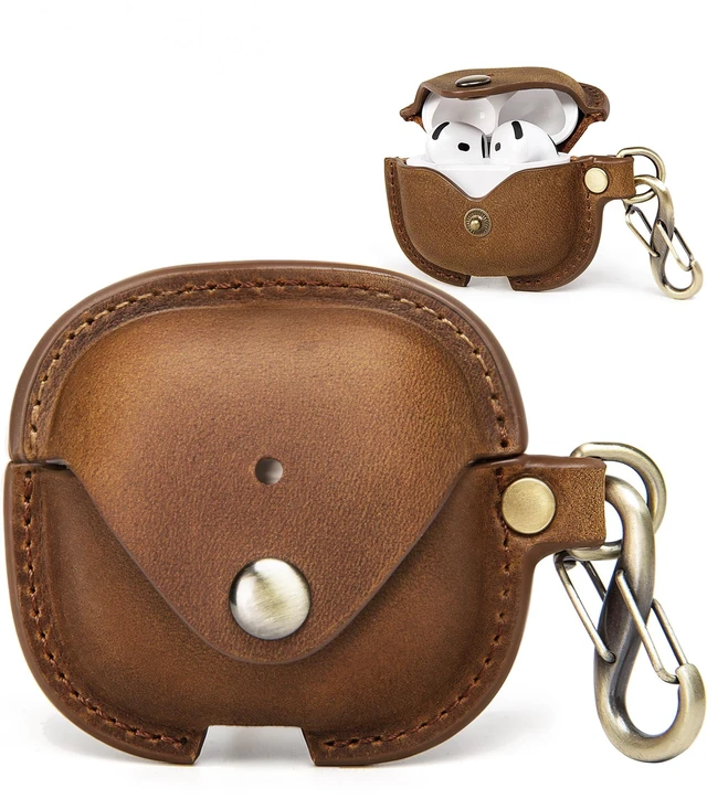 Main image of Leather Case Cover for Apple Airpods 5(2026)/4(2024)&ANC(Coffee) Vintage Crazy Horse Leather, Wireless Charging Compatible, Front LED Visibility, Includes Keychain