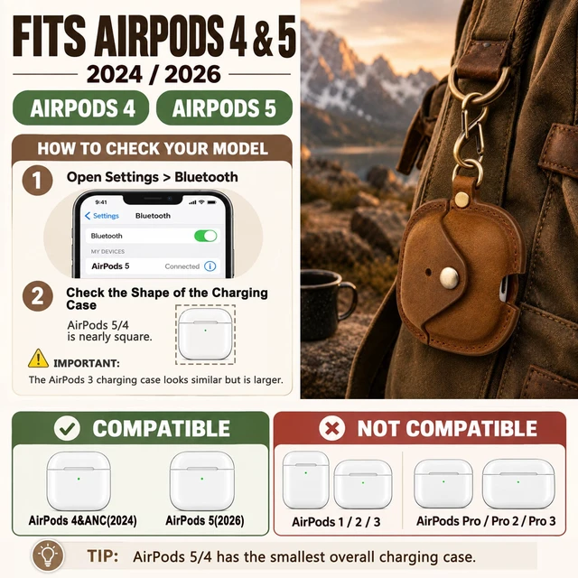 Alt view image 2 of 7 - Leather Case Cover for Apple Airpods 5(2026)/4(2024)&ANC(Coffee) Vintage Crazy Horse Leather, Wireless Charging Compatible, Front LED Visibility, Includes Keychain