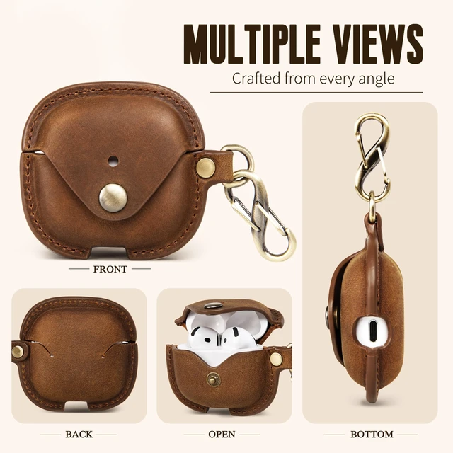 Alt view image 3 of 7 - Leather Case Cover for Apple Airpods 5(2026)/4(2024)&ANC(Coffee) Vintage Crazy Horse Leather, Wireless Charging Compatible, Front LED Visibility, Includes Keychain