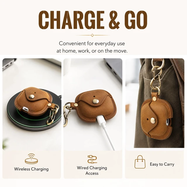 Alt view image 6 of 7 - Leather Case Cover for Apple Airpods 5(2026)/4(2024)&ANC(Coffee) Vintage Crazy Horse Leather, Wireless Charging Compatible, Front LED Visibility, Includes Keychain