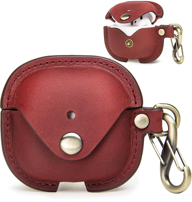 Main image of Leather Case Cover for Apple Airpods 5(2026)/4(2024)&ANC (Red) Vintage Crazy Horse Leather, Wireless Charging Compatible, Front LED Visibility, Includes Keychain