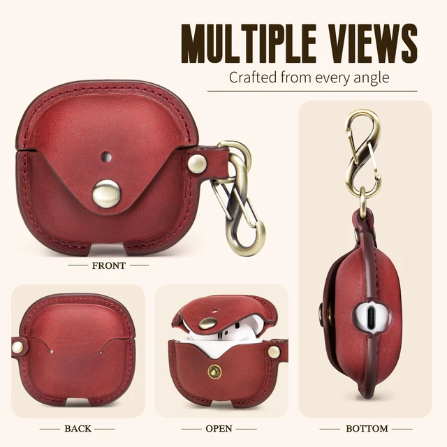 Alt view image 3 of 7 - Leather Case Cover for Apple Airpods 5(2026)/4(2024)&ANC (Red) Vintage Crazy Horse Leather, Wireless Charging Compatible, Front LED Visibility, Includes Keychain