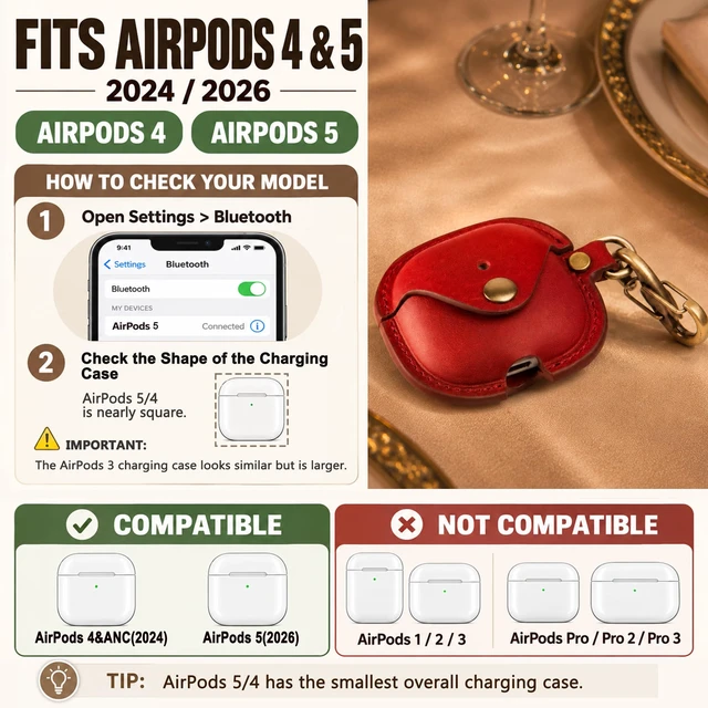 Alt view image 2 of 7 - Leather Case Cover for Apple Airpods 5(2026)/4(2024)&ANC (Red) Vintage Crazy Horse Leather, Wireless Charging Compatible, Front LED Visibility, Includes Keychain