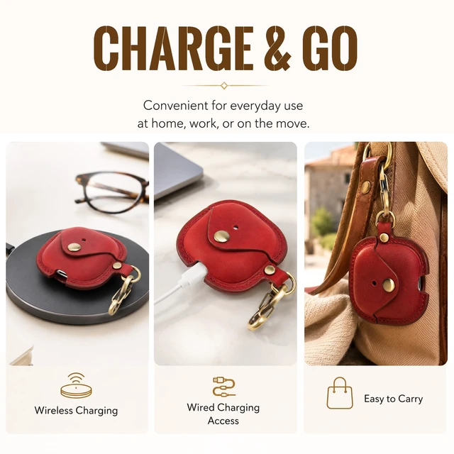 Alt view image 4 of 7 - Leather Case Cover for Apple Airpods 5(2026)/4(2024)&ANC (Red) Vintage Crazy Horse Leather, Wireless Charging Compatible, Front LED Visibility, Includes Keychain