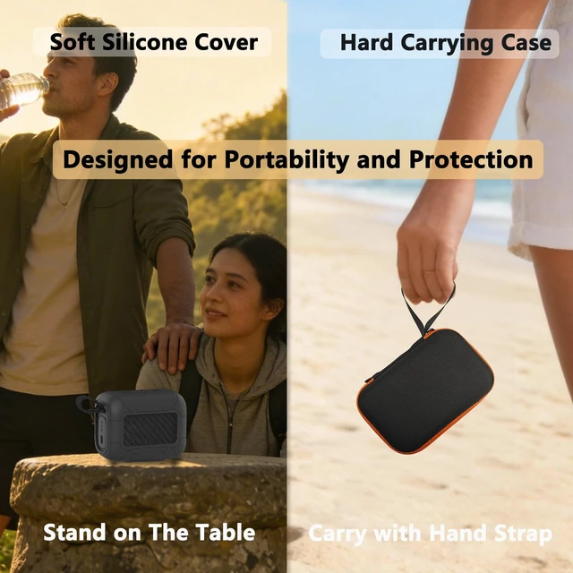 Alt view image 5 of 7 - Protective Case for JBL Go 5 Portable Bluetooth Speaker Accessories Hard Carrying Case and Silicone Cover with Metal Carabiner (Black Case)
