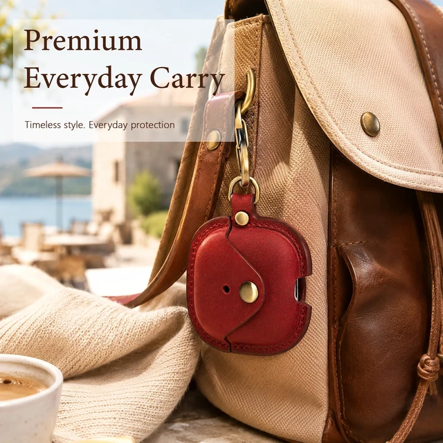 Alt view image 5 of 7 - Leather Case Cover for Apple Airpods 5(2026)/4(2024)&ANC (Red) Vintage Crazy Horse Leather, Wireless Charging Compatible, Front LED Visibility, Includes Keychain