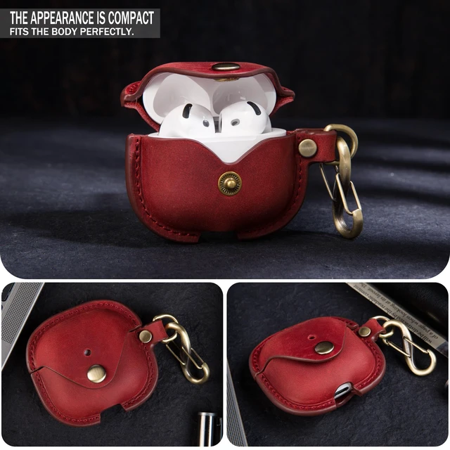 Alt view image 7 of 7 - Leather Case Cover for Apple Airpods 5(2026)/4(2024)&ANC (Red) Vintage Crazy Horse Leather, Wireless Charging Compatible, Front LED Visibility, Includes Keychain