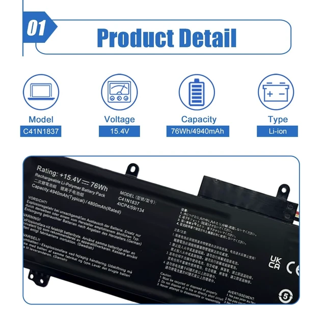 Alt view image 2 of 5 - 76Wh C41N1837 Laptop Battery for ASUS ROG Zephyrus GA502 GA502D GA502DU GA502GU GA502IV GU502 GU502GV GU502LU GU502LW GU502LV GX502LXS GX502GW GU532 GU532GU GU532GV GX532GV Series 0B200-03380100