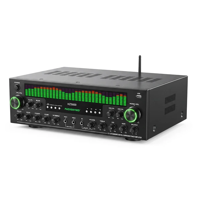 Main image of 5.1 Channel Stereo Receivers Home Theater Receiver with BT, RMS 180W 3 Mic Inputs for Karaoke Independent Channel Controls USB/SD Playback Optical & Coaxial Remote