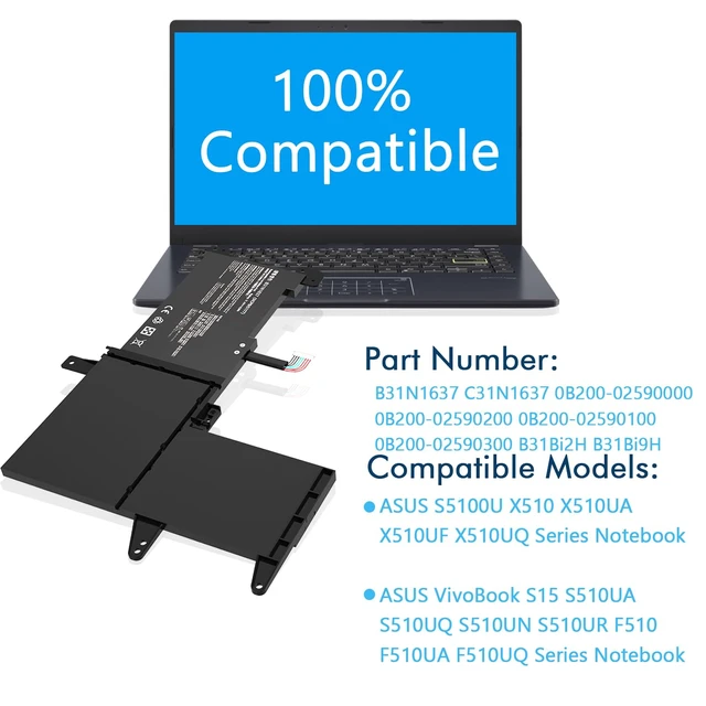 Alt view image 4 of 6 - B31N1637 C31N1637 Laptop Battery Replacement for ASUS Vivo Book 15 X510 X510UAR X510UA X510UF X510UQ S15 S510UA S510UF S510UN S510UR S510U 42Wh 11.4V