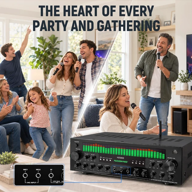 Alt view image 6 of 7 - 5.1 Channel Stereo Receivers Home Theater Receiver with BT, RMS 180W 3 Mic Inputs for Karaoke Independent Channel Controls USB/SD Playback Optical & Coaxial Remote