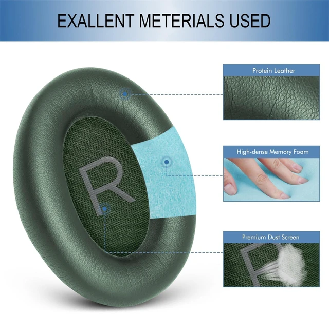 Alt view image 4 of 7 - Ear Pads Replacement for Bose QC45 & QC SE Headphones, Cypress Green Earpads Ear Cushions for Bose QuietComfort 45 & Quiet Comfort SE, Softer Protein Leather, Noise Isolation Memory Foam