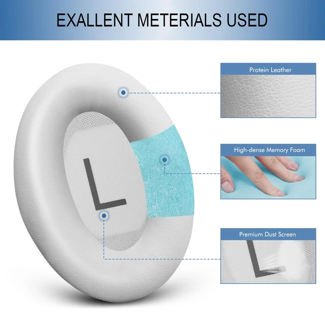 Alt view image 4 of 7 - Ear Pads Replacement for Bose QC45 & QC SE Headphones, White Smoke Earpads Ear Cushions for Bose QuietComfort 45 & Quiet Comfort SE, Softer Protein Leather, Noise Isolation Memory Foam