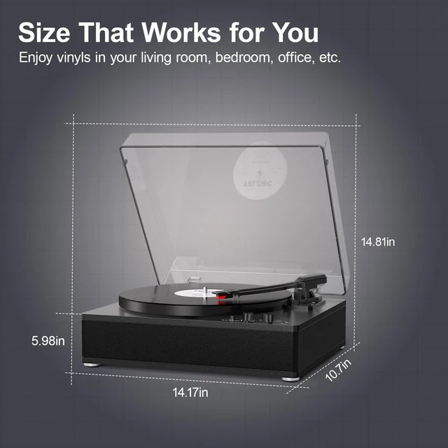 Alt view image 5 of 7 - Vinyl Record Player with Stereo Speakers, Full-Size Turntable for Vinyl Records, Bluetooth Input & Output, 3-Speeds LP Player, Adjustable Counterweight, AUX Input, RCA Output, Retro Record Player