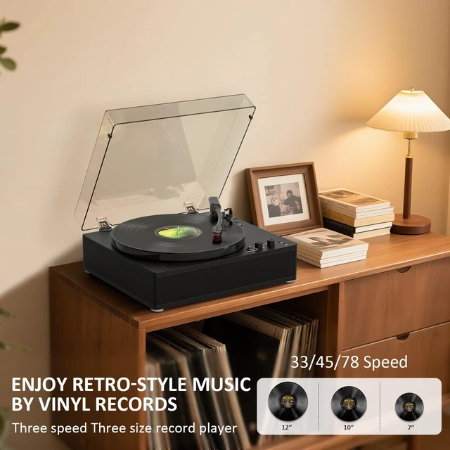 Alt view image 4 of 7 - Vinyl Record Player with Stereo Speakers, Full-Size Turntable for Vinyl Records, Bluetooth Input & Output, 3-Speeds LP Player, Adjustable Counterweight, AUX Input, RCA Output, Retro Record Player