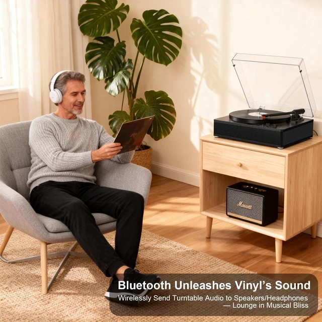 Alt view image 6 of 7 - Vinyl Record Player with Stereo Speakers, Full-Size Turntable for Vinyl Records, Bluetooth Input & Output, 3-Speeds LP Player, Adjustable Counterweight, AUX Input, RCA Output, Retro Record Player