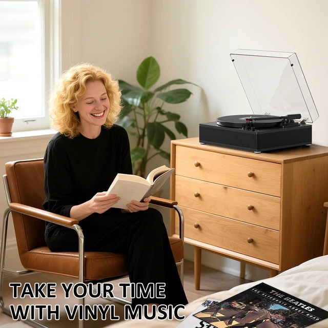 Alt view image 7 of 7 - Vinyl Record Player with Stereo Speakers, Full-Size Turntable for Vinyl Records, Bluetooth Input & Output, 3-Speeds LP Player, Adjustable Counterweight, AUX Input, RCA Output, Retro Record Player