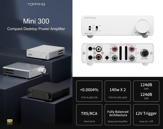 Alt view image 2 of 7 - Topping Mini 300 Compact Desktop Power Amplifier - Fully-Balanced Class-D Amp, TRS/RCA Input, 12V Trigger, Ultra-Low Distortion, Zero-Noise Safe and Reliable (White)