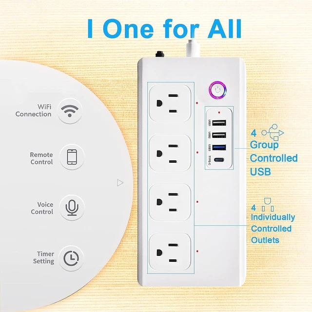 Alt view image 4 of 7 - Smart Plug Power StripSurge Protector with 4 Individually Controlled Smart Outlets, Voice Control,4 USBs (incl. 20W USB-C), Compatible with Alexa and Google Home,5Ft Extension Cord