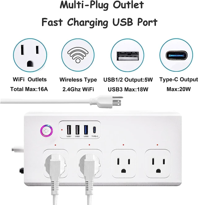 Alt view image 3 of 7 - Smart Plug Power StripSurge Protector with 4 Individually Controlled Smart Outlets, Voice Control,4 USBs (incl. 20W USB-C), Compatible with Alexa and Google Home,5Ft Extension Cord