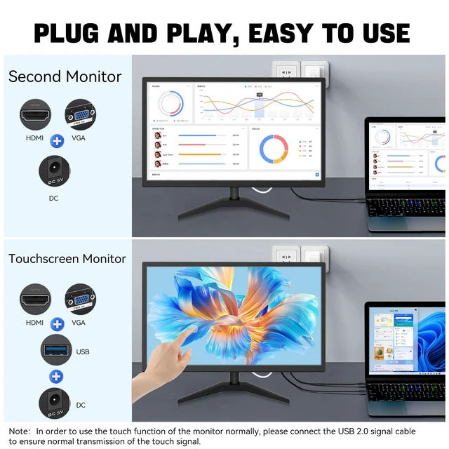 Alt view image 3 of 7 - Touchscreen Monitor 22 Inch FHD 1920x1080P IPS PC Monitor 10-Point Touch Screen Computer Display with HDMI VGA USB Ports, Built-in Speakers, VESA Mountable