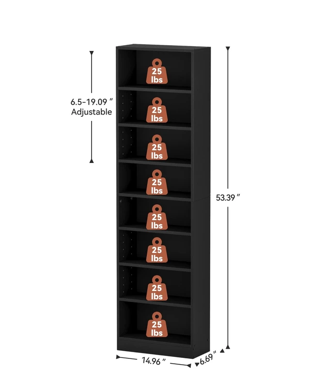Alt view image 2 of 7 - 8 Tier CD Storage Rack with Adjustable Shelves, DVD Organizer Shelf CD Tower, Freestanding Media Storage Cabinet for Living Room Home Office, Holds Up to 260+ CDs (Black)