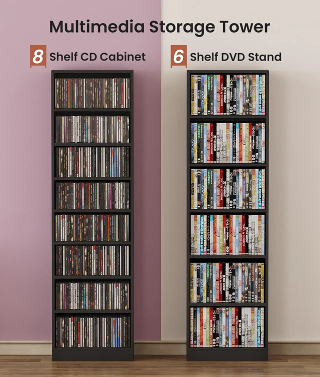 Alt view image 3 of 7 - 8 Tier CD Storage Rack with Adjustable Shelves, DVD Organizer Shelf CD Tower, Freestanding Media Storage Cabinet for Living Room Home Office, Holds Up to 260+ CDs (Black)