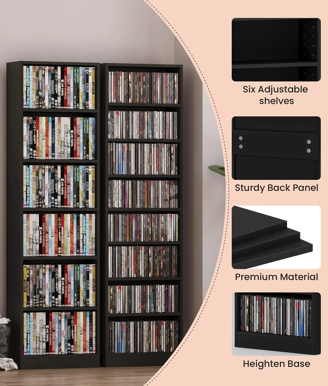 Alt view image 4 of 7 - 8 Tier CD Storage Rack with Adjustable Shelves, DVD Organizer Shelf CD Tower, Freestanding Media Storage Cabinet for Living Room Home Office, Holds Up to 260+ CDs (Black)