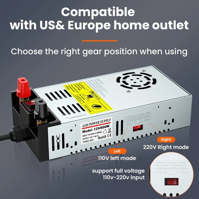 Alt view image 6 of 7 - New Version 600W 110V AC to 12V DC Converter,with ON/Off Switch Pure Copper Terminals,Upgraded Circuit Board, 12V DC Adapter Transformer, Max 50A 600W Power Supply