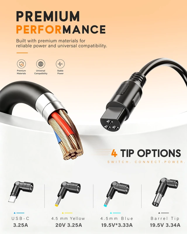Alt view image 3 of 7 - Universal 65W USB C Laptop Charger, 4-in-1 with 3 Round Tips AC Adapter Compatible with HP chromebook Lenovo Dell Acer Asus Samsung Google Computer Type C Power AC Adapter