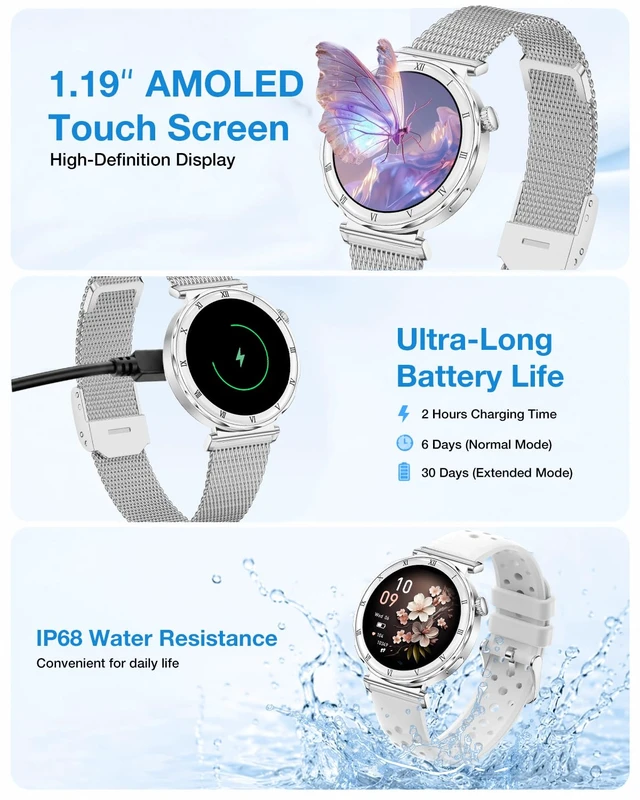 Alt view image 2 of 7 - Smart Watch for Women Men, 1.19" AMOLED, Fitness Tracker Watch with IP68 Bluetooth Call & Answer,130+Sports Modes with Heart Rate/Sleep Monitor,Silver Watch with 3bands for iOS/Android